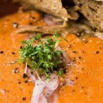 Recipe for raw gazpacho soup with watercress and carpaccio of seitan