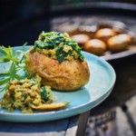 Baked potato BBQ recipe with meat substitutes seitan and spinach